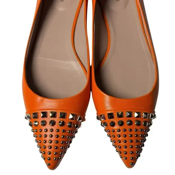Gucci Pointed Toe Orange Leather Flats Silver Stud Toe Cap Slip On EU 37 US 7 - Picture 8 of 14
